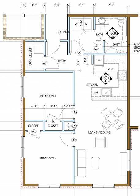 Floor plan for 2 beds, 1 bath, 937 sqft